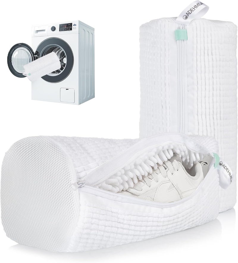 ADEHMDA 2Pcs Shoe Washing Machine Bag, Sneaker Laundry Bag for Washing Machine, Extra Long and Thick Microfibre Fluff, Reusable for Washer and Dryer (2pcs, White) - Image 1